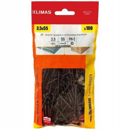 WKRĘTY DO DREWNA PŁYT GK 3,5x55mm CZARNE PH2 100szt FOSFATOWANE KLIMAS